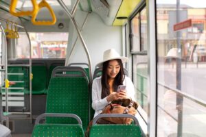 A woman wearing a white hat sits alone on a green upholstered bus seat, using her phone while sunlight streams through the window.