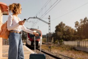A traveler stands at a train station, checking her phone, with a suitcase beside her and a train approaching in the background.