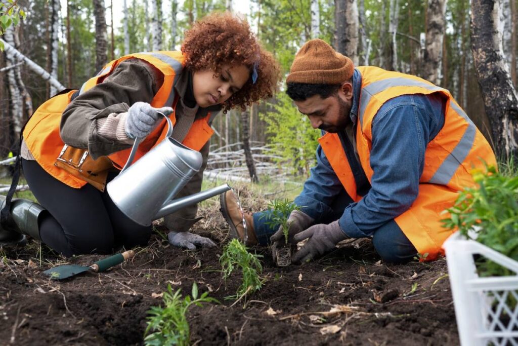 Two individuals in orange vests planting seedlings in a forested area, with tools and a watering can nearby.