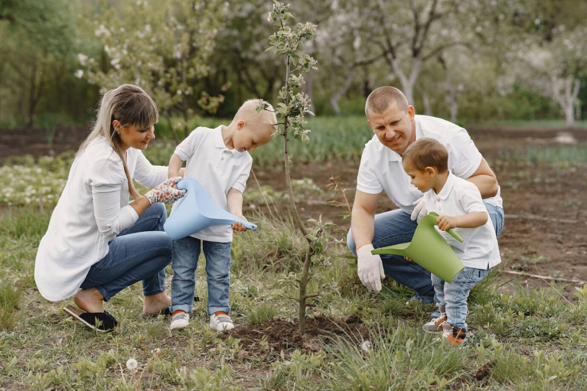  A family teaches children to water a small tree in a garden, showcasing teamwork and environmental care in a green, serene setting.