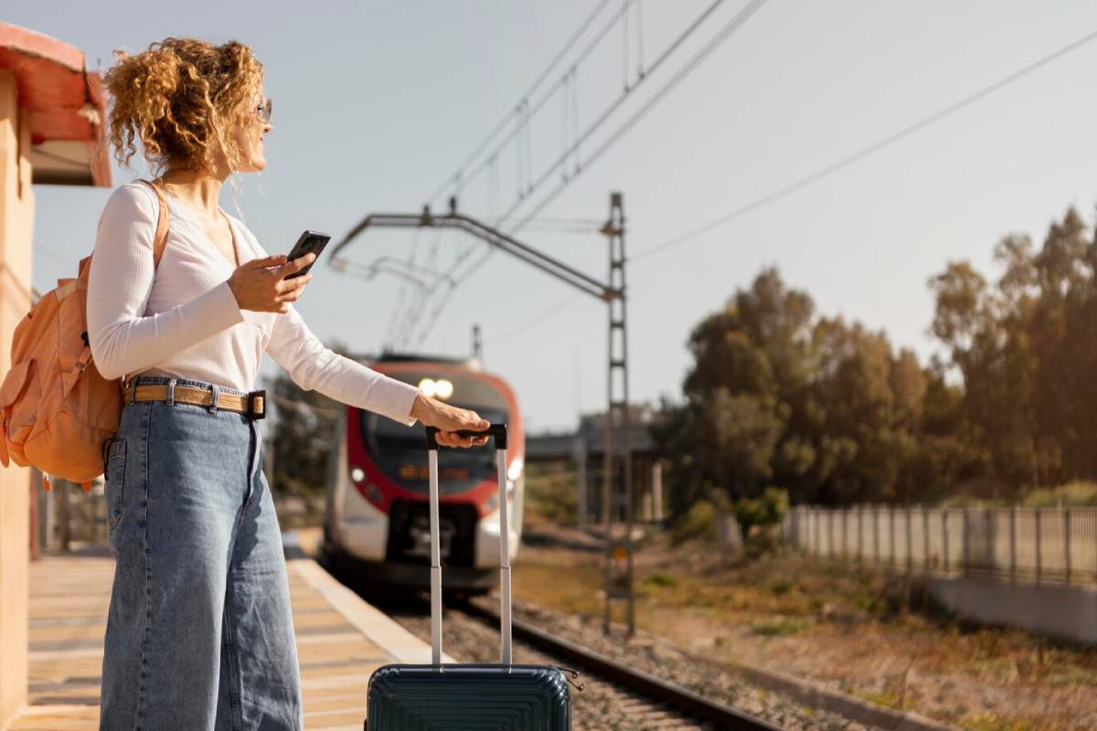 A traveler stands on a train platform, checking their phone, with a suitcase beside them and a train approaching in the background. 