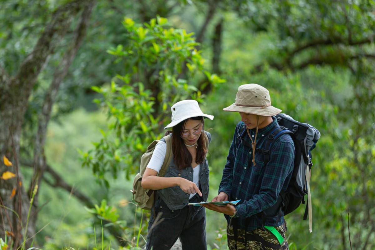 Two hikers are discussing a map in the woods, surrounded by lush greenery and tall trees. Both wear backpacks and sun hats. 