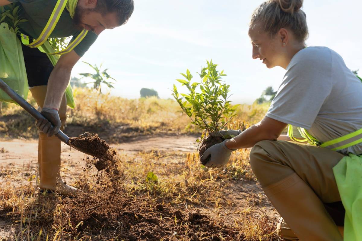 Two individuals are planting a young tree in a sunlit field, using a shovel and wearing gloves and protective clothing. 