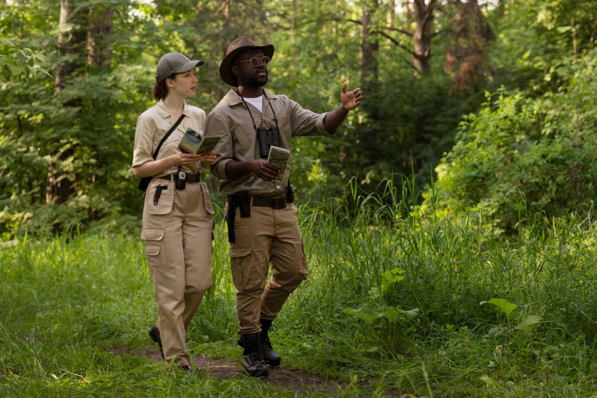 Two park guides walk along a lush trail in the forest, each holding maps and discussing their surroundings. 
