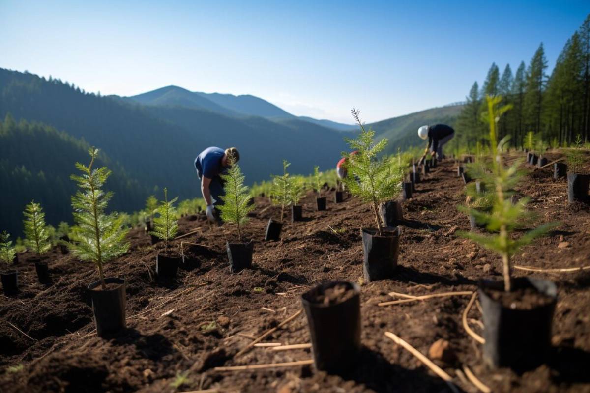 Volunteers plant young trees on a hillside, surrounded by mountains and blue sky, emphasizing reforestation efforts. 