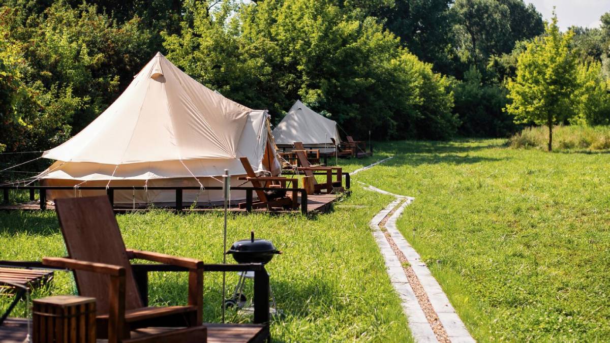 Serene glamping site with canvas tents, wooden chairs, and a path through lush green grass, surrounded by trees. 